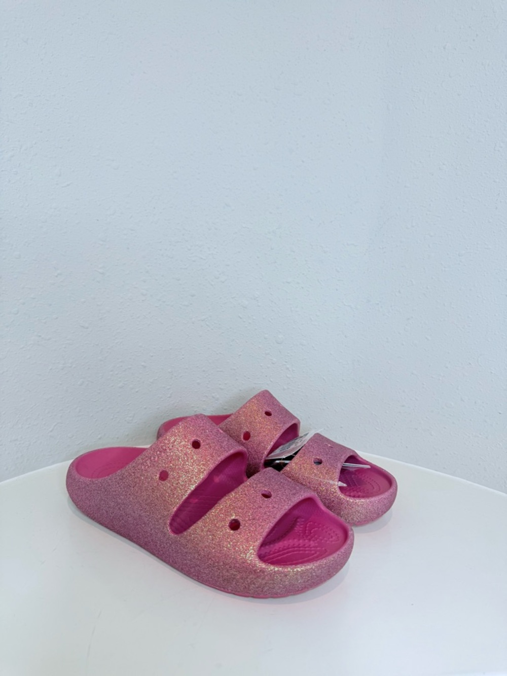 Crocs Classic Iridescent Glitter Unisex Hot Pink Slides Size W 7 NWT - Picture 7 of 11